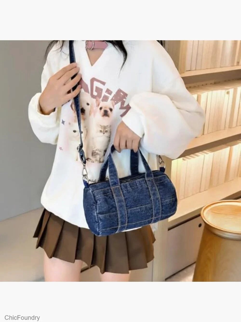 Denim Barrel Crossbody Satchel Handbag with Zipper - Trendy Minimalist